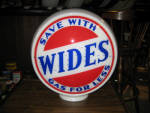 Wides, Save With, Gas for Less gas globe, [Wides Oil Co., Murphysboro, IL], on original wide milk glass body, scarce globe, EXCELLENT CONDITION, $1,350. 