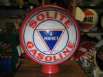 Solite A Perfect Gasoline, [Standard Oil Company of Indiana] late 1910s-1920s original 16.5 inch metal body gas globe, front face near mint, back face fading, $1,695. Very scarce early gas globe! It is getting very hard to find this one. We can email more photos of this globe. 