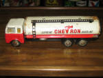 Chevron Supreme Gasoline tanker truck, Japan, 1950s, 11 inches, some slight rusting on top, missing 1 hub cap, $119.  